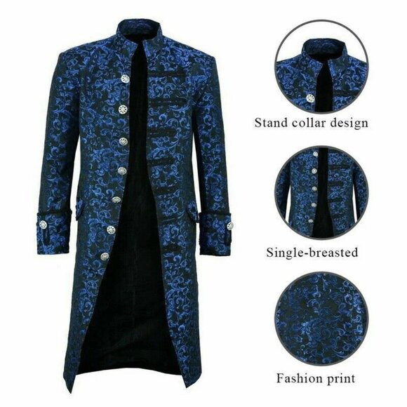 Renaissance Men's Blue Brocade Goth Steampunk Victorian Velvet Frock Coat Usa - Picture 2 of 4